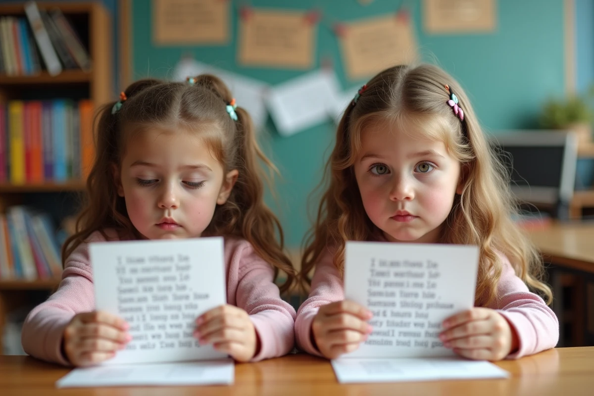 Deux élèves de CE1 mémorisant une poésie avec des fiches illustrées à leur bureau