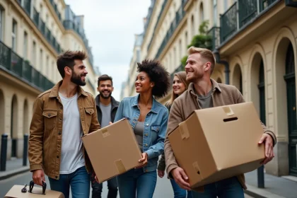 Jeunes adultes emménageant dans un appartement parisien haussmannien avec cartons et bagages dans une rue animée de Paris