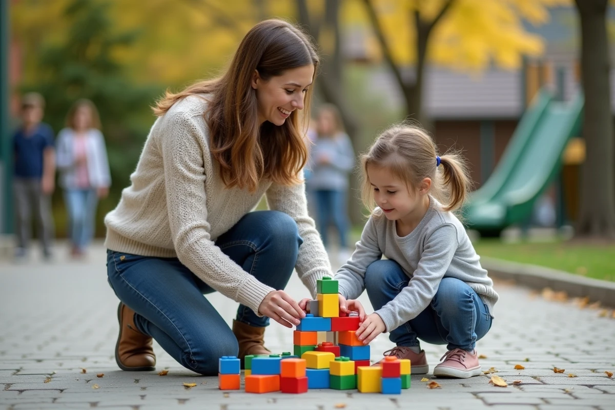 Une enseignante aide une fille à construire avec des blocs