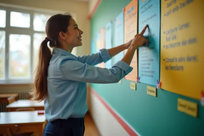 Enseignante de CE1 montrant un affichage de poésie coloré au tableau de la classe