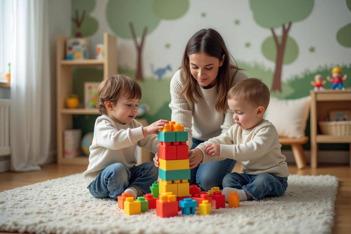 Jeune enseignante aidant deux garçons à construire avec des blocs colorés