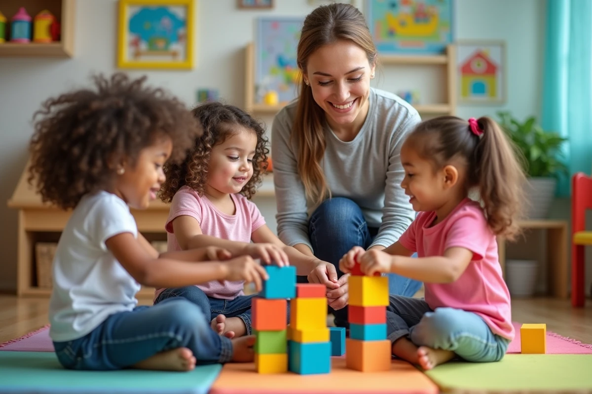 Enseignante aidant des enfants à empiler des blocs colorés