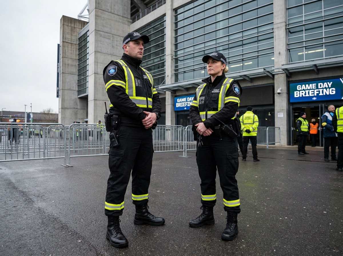 Deux agents de sécurité en tenue noire et jaune coordonnée devant un grand lieu événementiel, démontrant l'impact de l'uniforme sur l'image et la crédibilité d'une équipe de sécurité