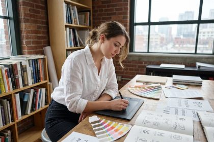 Étudiante en bachelor design graphique travaillant sur une tablette graphique dans un studio créatif moderne
