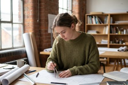 Étudiante en prépa dessin travaillant sur des croquis d'architecture à sa table de dessin dans un atelier artistique