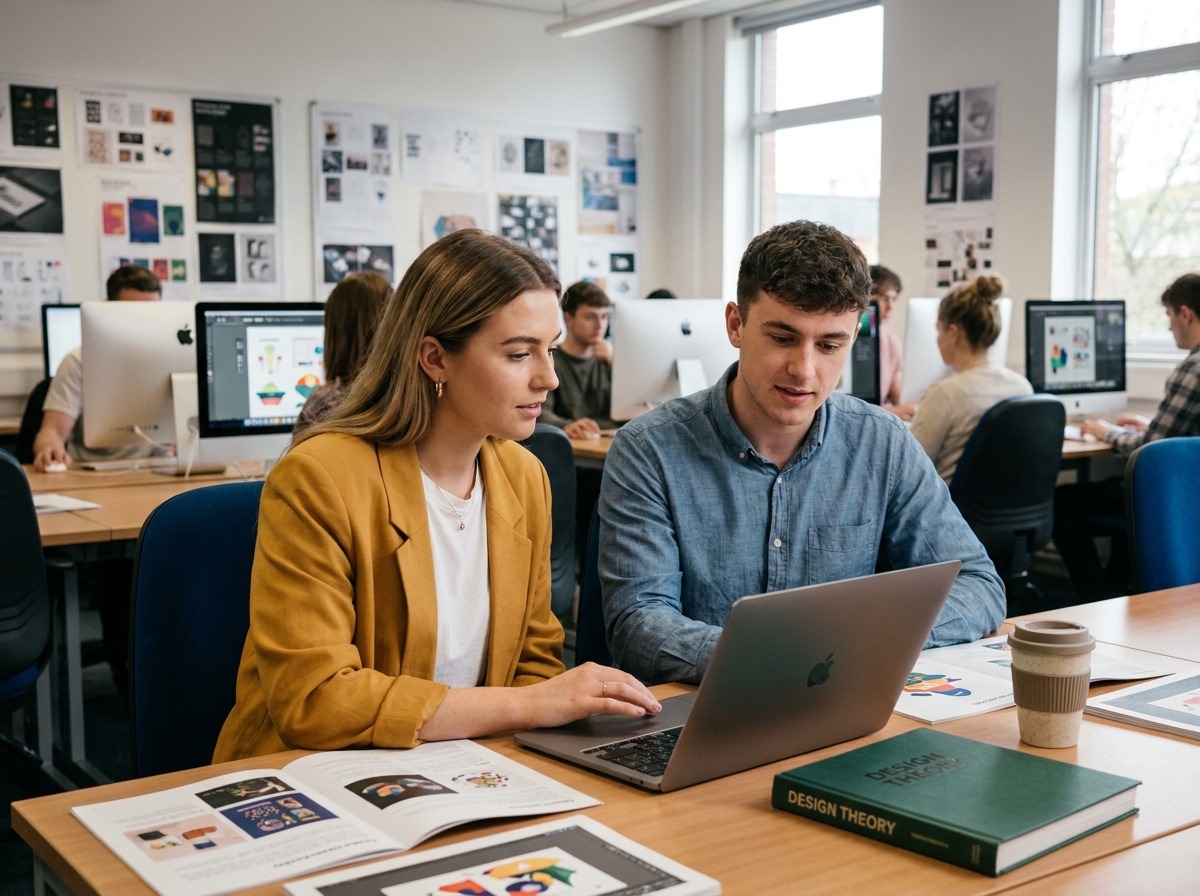 Deux étudiants en design graphique collaborant sur un projet numérique dans un laboratoire universitaire