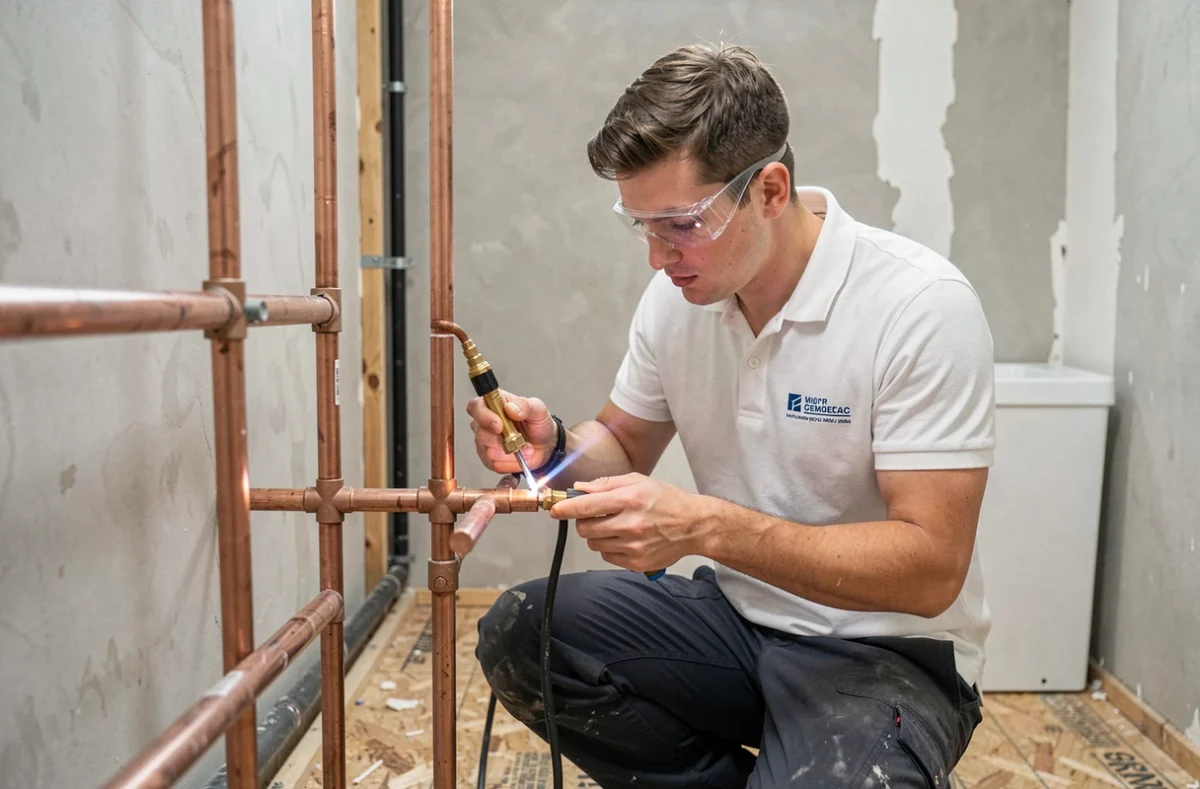 Artisan plombier qualifié de l'EURL Gwendal Pronost en train de souder des raccords cuivre à Médréac