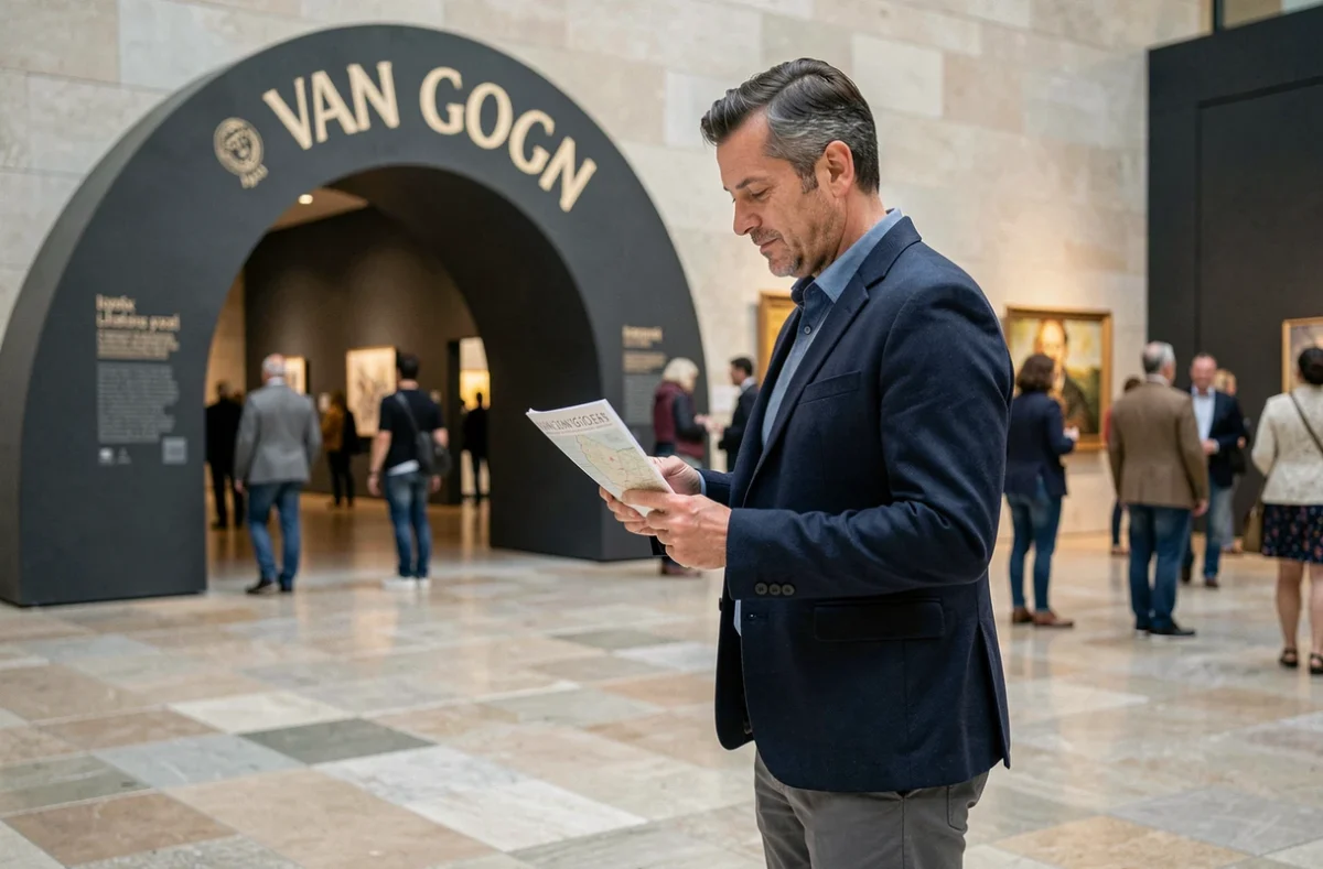 Visiteur consultant le panneau d'entrée de l'exposition Van Gogh à Lyon