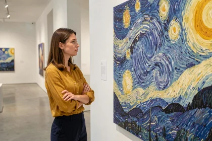 Visiteuse admirant une reproduction de Van Gogh dans une salle d'exposition à Lyon