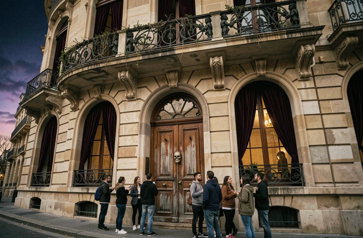 Façade historique du Manoir de Paris à la tombée de la nuit avec visiteurs en file d'attente