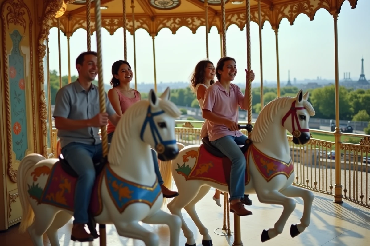 Famille heureuse sur un carrousel parisien
