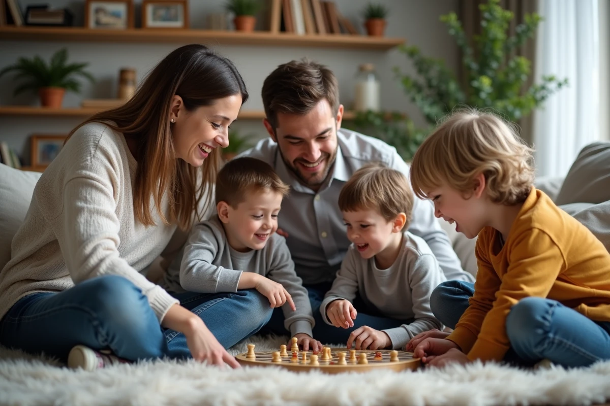 Famille jouant à un jeu de société dans le salon