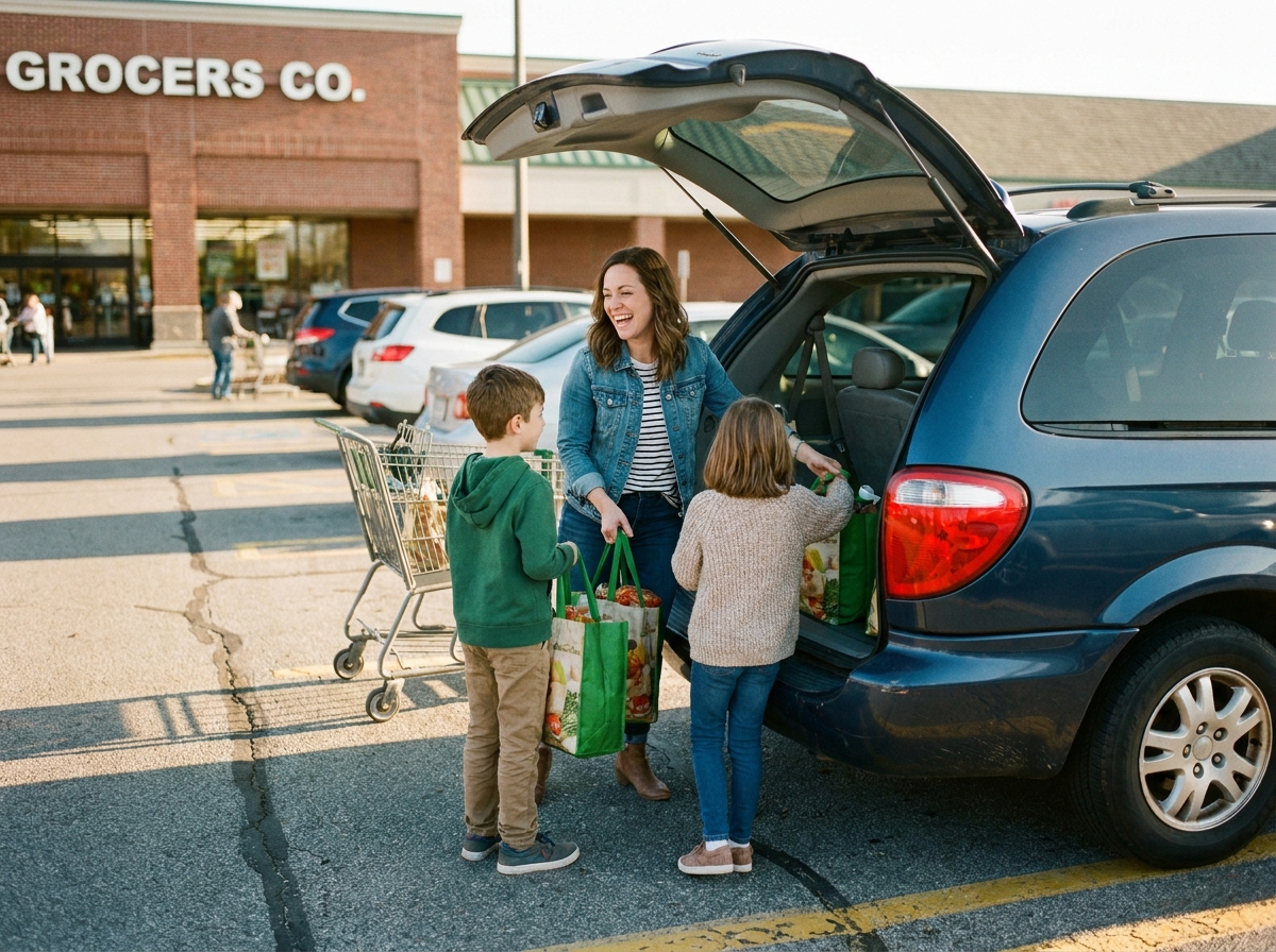 Famille chargeant des courses dans un monospace d'occasion devant un supermarché