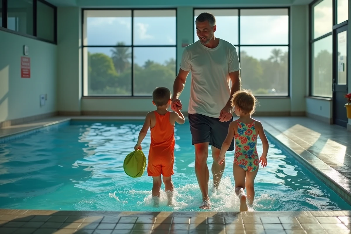 Pere aidant ses enfants à sortir de la piscine intérieure