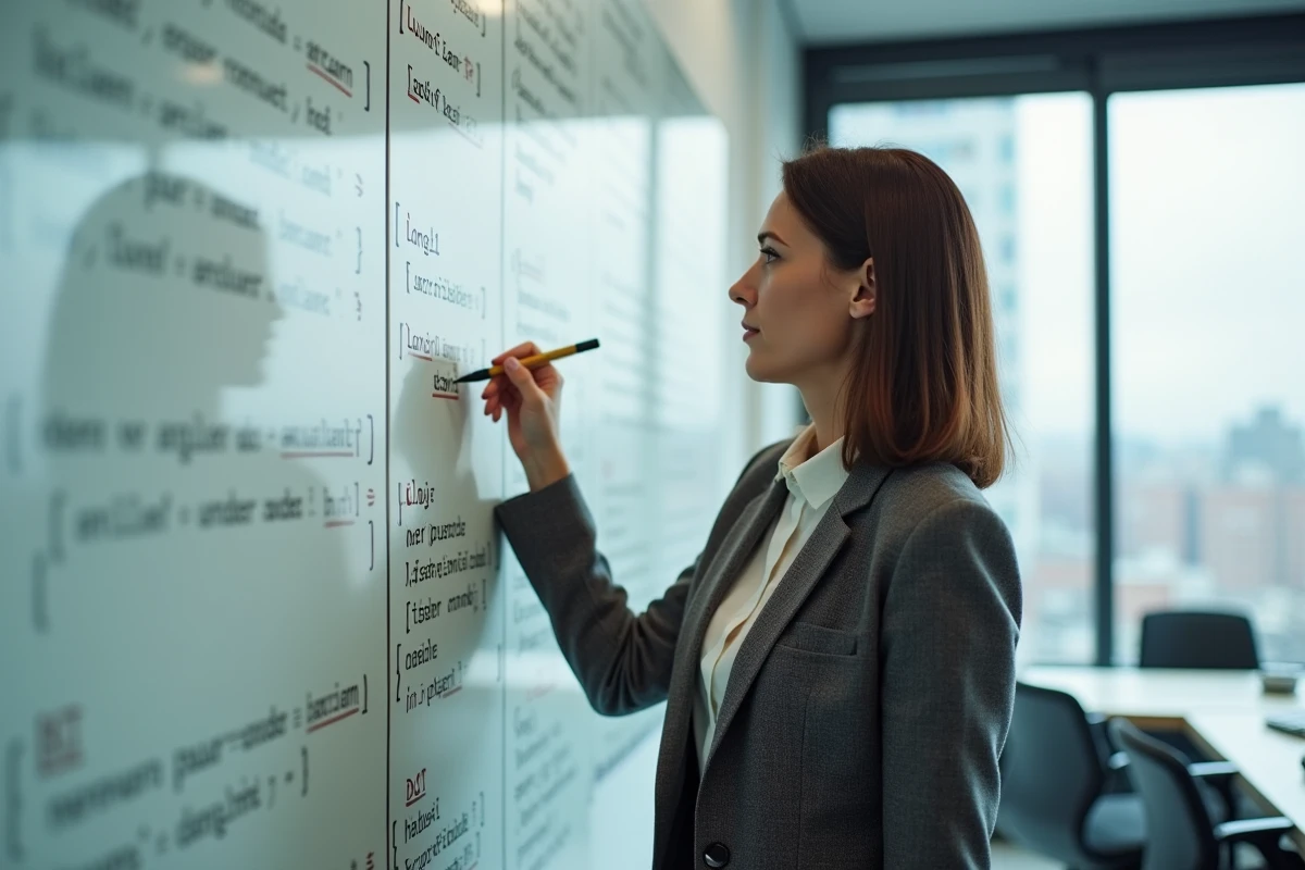 Femme analyseuse de code python sur tableau blanc
