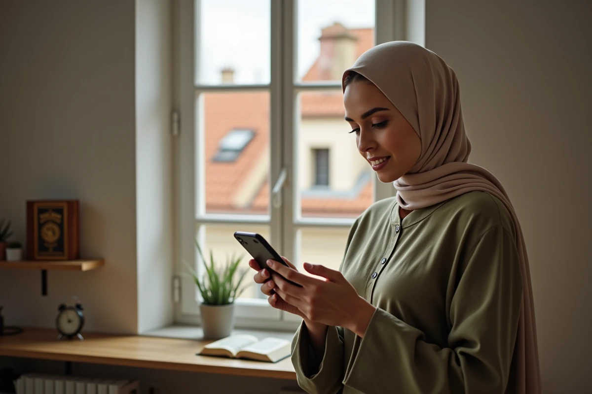 Jeune femme voilée consultant une application de prière sur smartphone pendant le ramadan dans un appartement de Toulouse