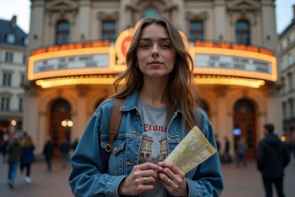 Jeune femme tenant un billet de concert devant une salle de spectacle à Lyon avant son premier concert en 2026