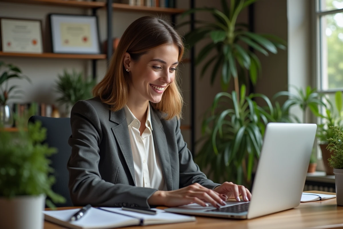 Femme en télétravail dans un bureau cosy avec plantes