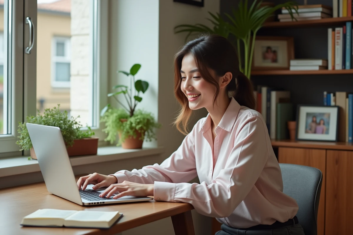 Jeune femme souriante travaillant sur son ordinateur dans un bureau cosy