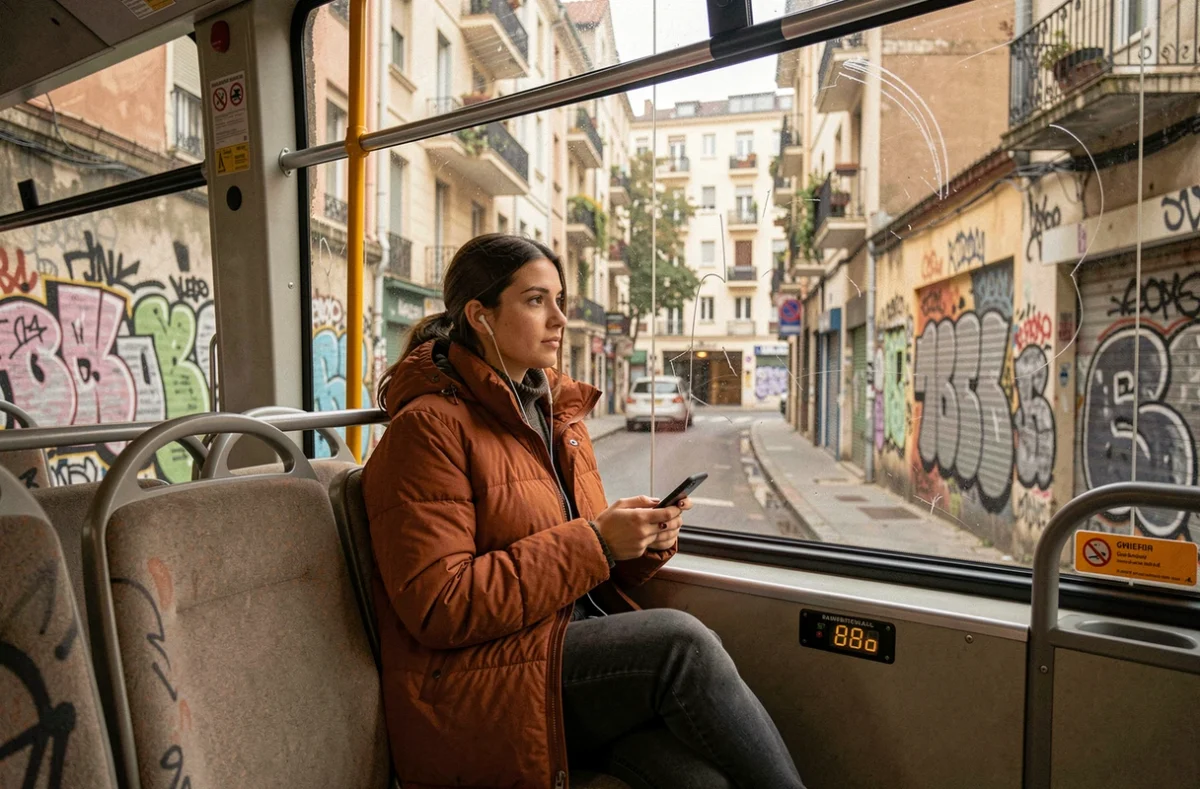 Femme en bus traversant un quartier populaire de Marseille