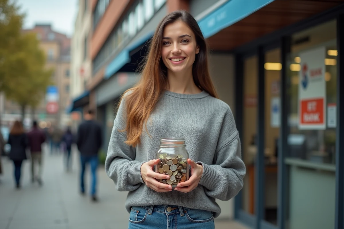 Jeune femme tenant un pot de pièces et billets devant la banque