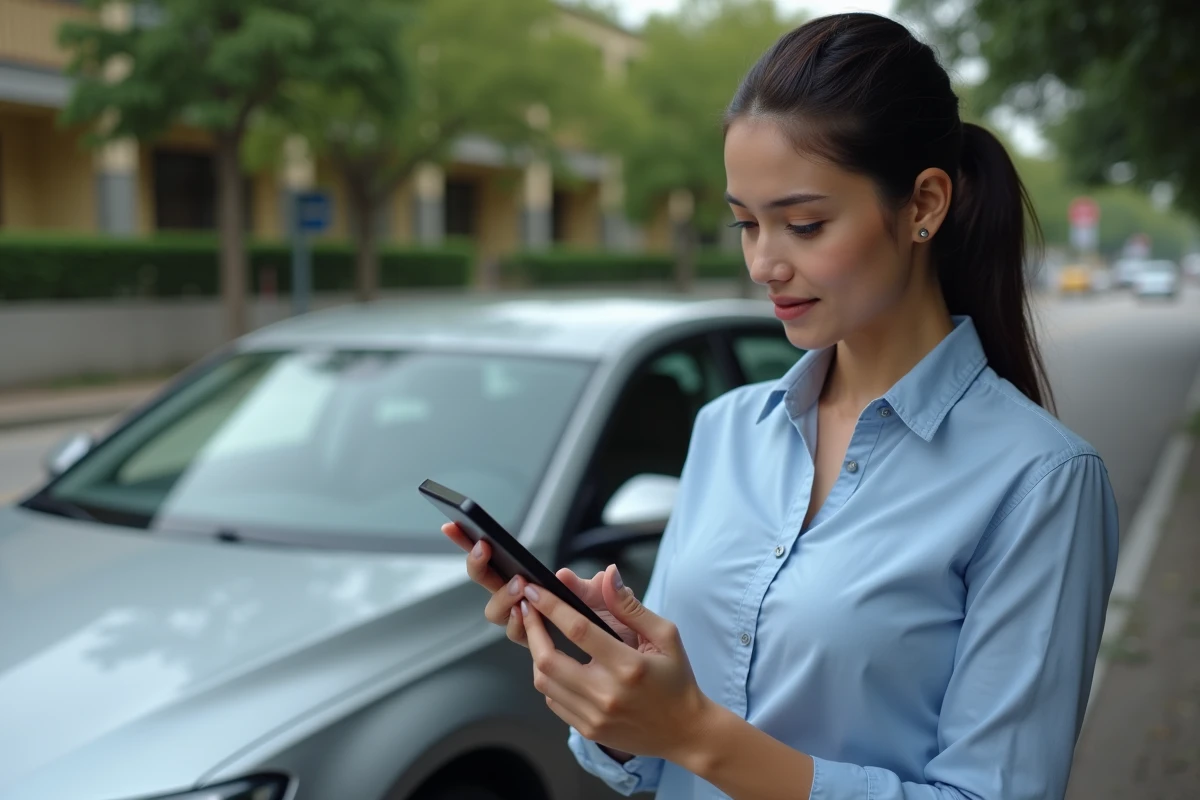Femme consultant un convertisseur de vitesse km/h en miles par heure sur smartphone près d'une voiture