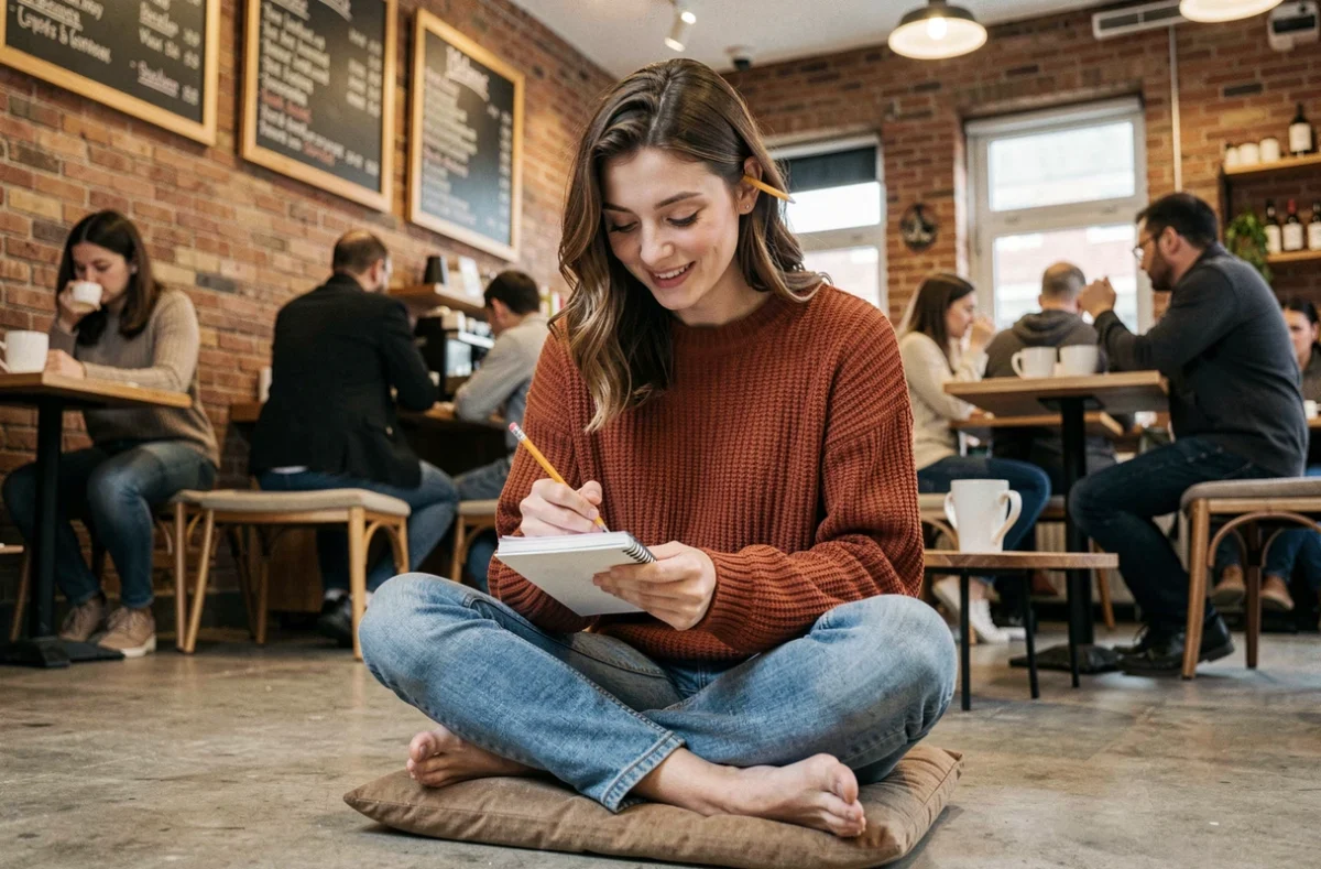 Jeune femme souriante écrivant des devinettes dans un carnet dans un café urbain