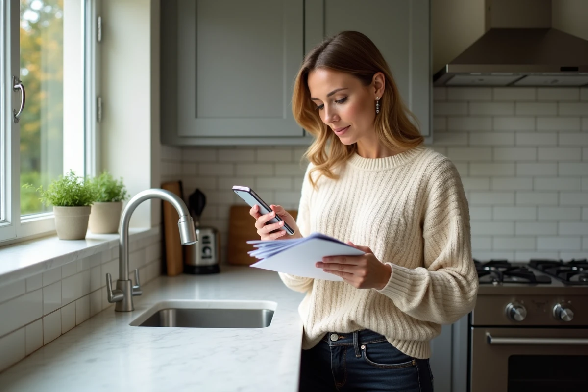 Femme réglant un minuteur dans la cuisine moderne