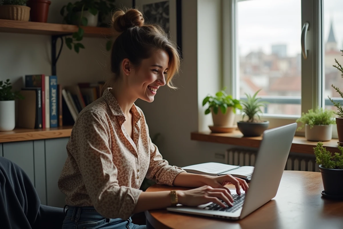 Jeune femme developpeuse travaillant chez elle avec son ordinateur