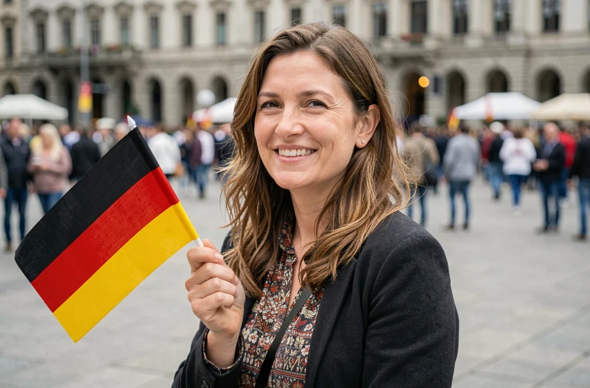 Femme tenant un petit drapeau allemand noir rouge jaune lors d'un événement public en plein air