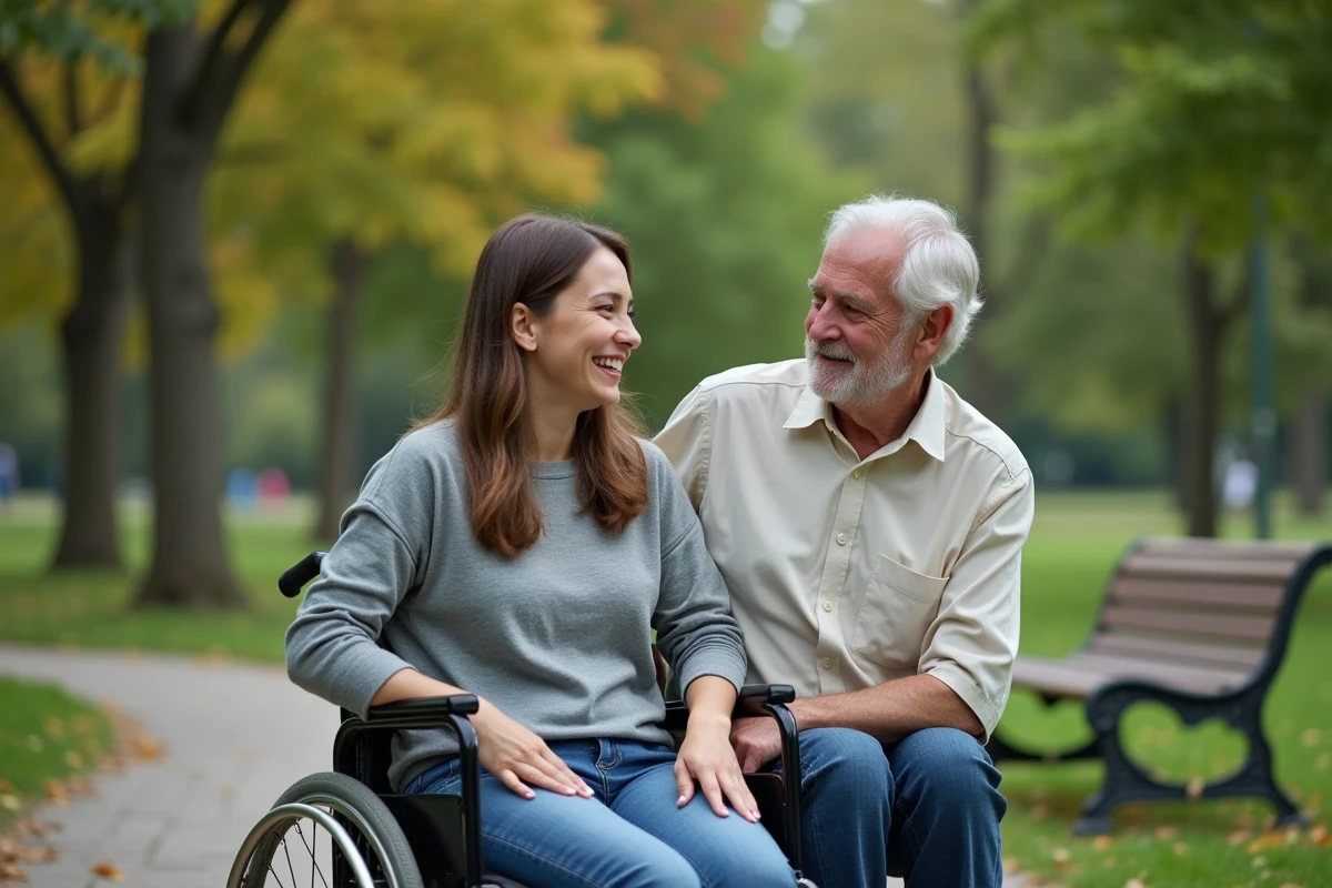 Femme en fauteuil roulant parlant avec un homme dans un parc