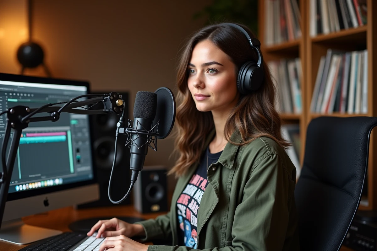 Femme confiante ajustant un microphone en studio d