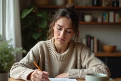 Femme concentrée résolvant une grille de mots croisés difficile à une table en bois dans une cuisine chaleureuse