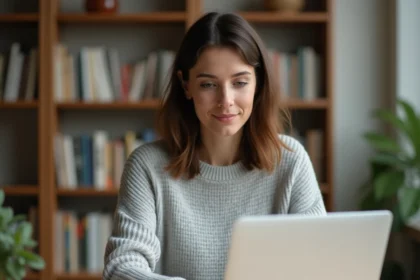 Femme consultant un guide complet sur une plateforme en ligne depuis son bureau à domicile
