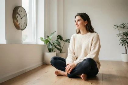 Jeune femme contemplant une horloge affichant 12h12 dans un salon minimaliste, réfléchissant à la signification de cette heure miroir