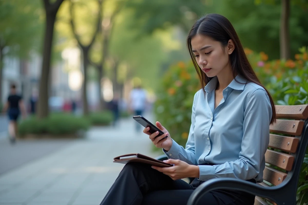 Femme inquiète assise sur un banc dans un parc urbain