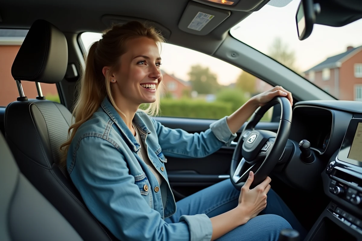 Femme dans la voiture hybride ajustant le tableau de bord