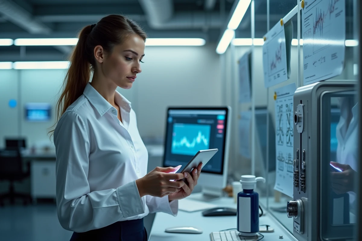 Jeune femme dans un laboratoire avec prototype de pile à hydrogène