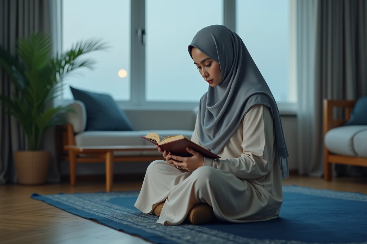 Jeune femme portant le hijab lisant le Coran après la prière du Fajr dans un salon calme au lever du jour