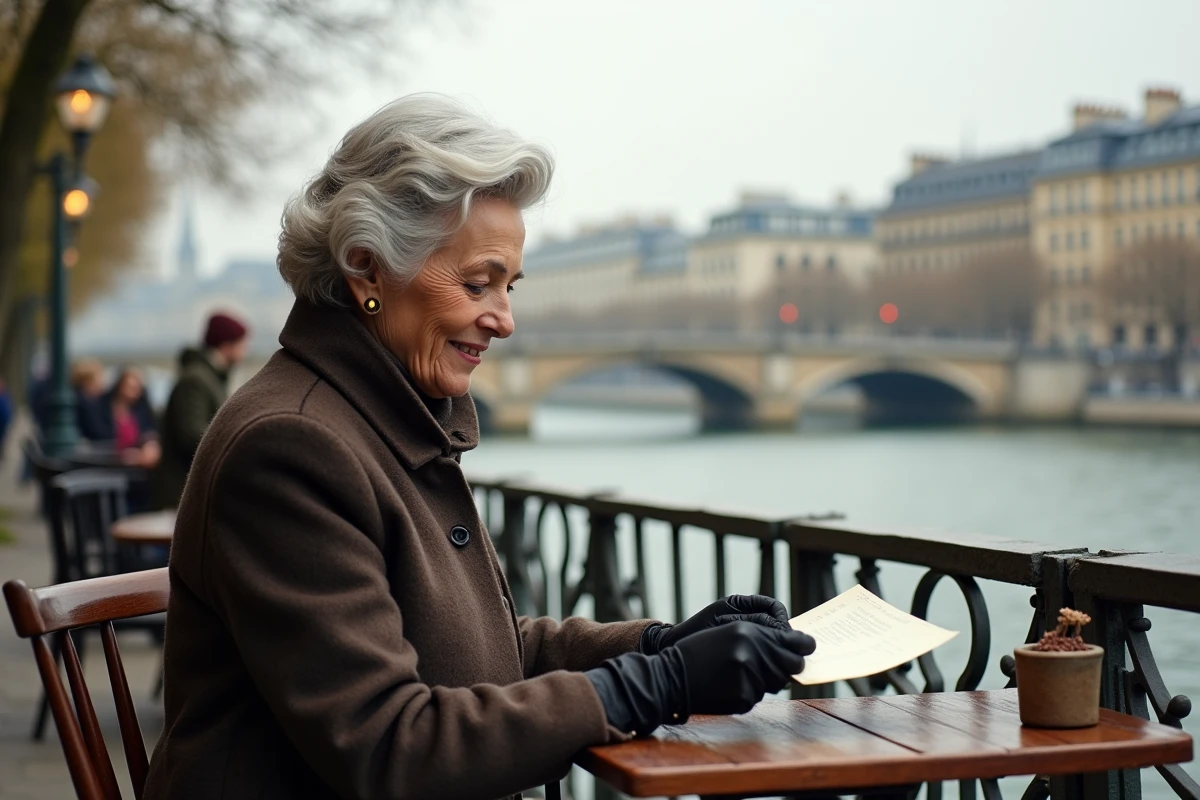 Femme âgée lisant une lettre au café au bord de la Seine