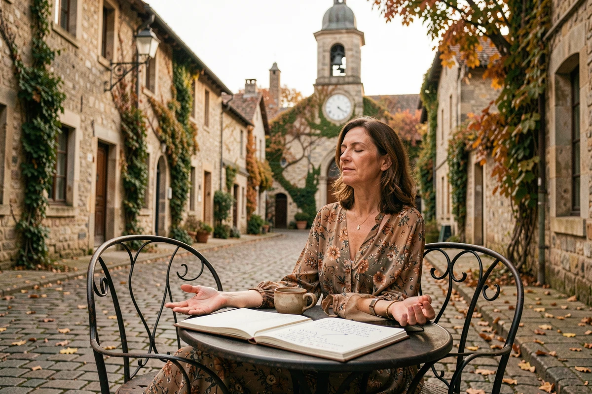 Femme en méditation dans un café de village européen avec une horloge affichant 12h12 en arrière-plan, explorant la signification des synchronicités