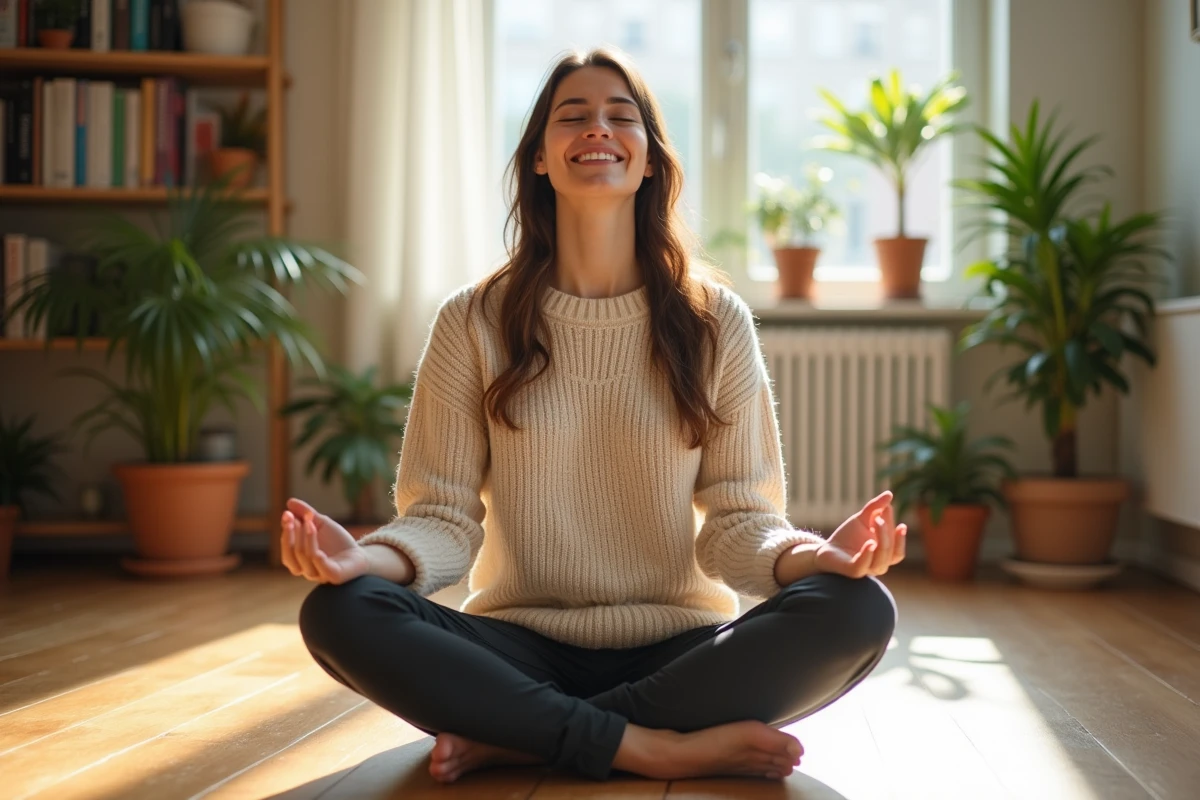 Femme méditant paisiblement dans un salon lumineux