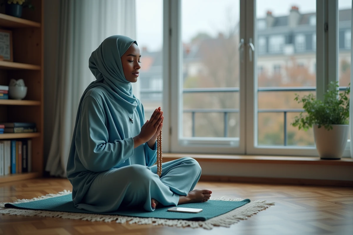 Jeune femme musulmane en recueillement avec un chapelet après la prière chez elle à Compiègne