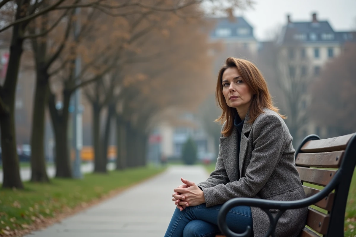 Femme seule assise sur un banc dans un parc urbain calme