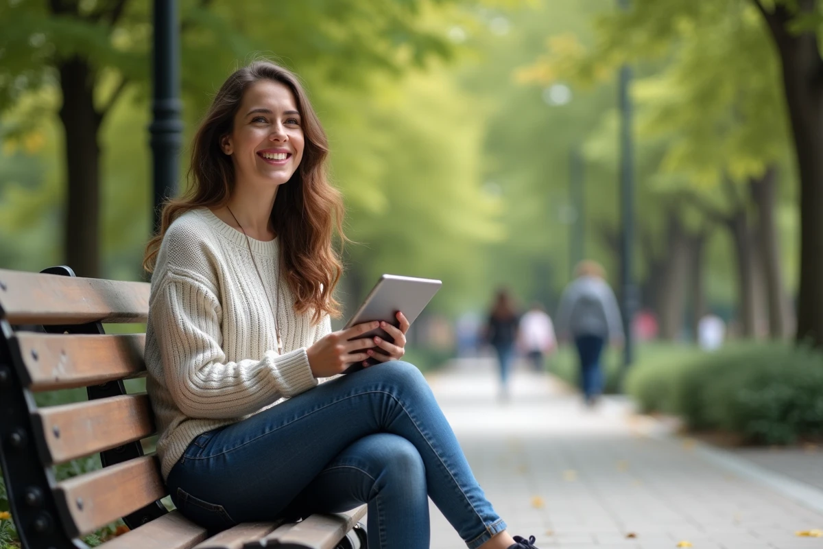 Jeune femme assise sur un banc de parc avec sa tablette en main