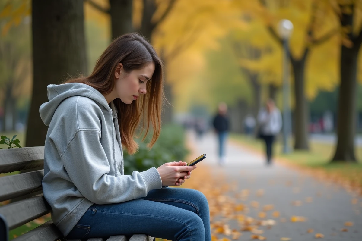 Jeune femme assise sur un banc de parc lit un message sur son smartphone