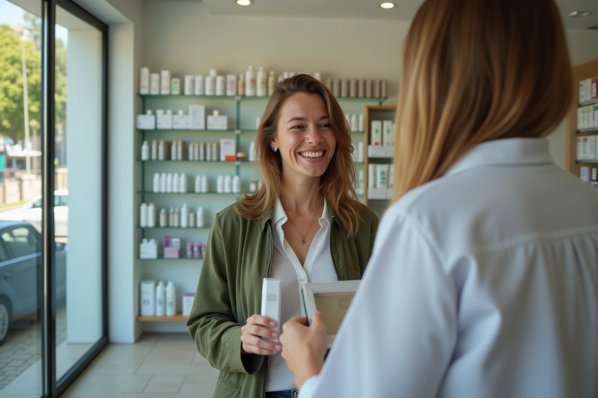 Femme souriante parlant avec un pharmacien à Toulon