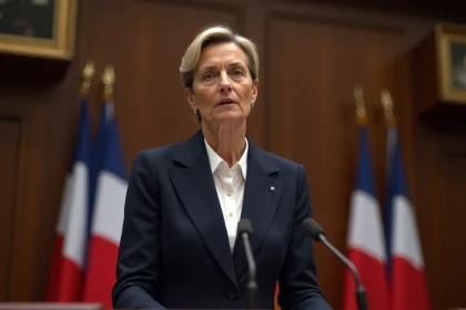 Femme politique française en veste marine à la tribune lors d'un meeting de l'extrême droite