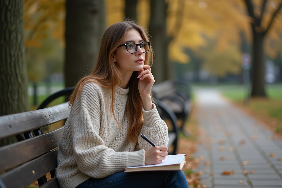 Jeune femme assise sur un banc dans un parc automnal