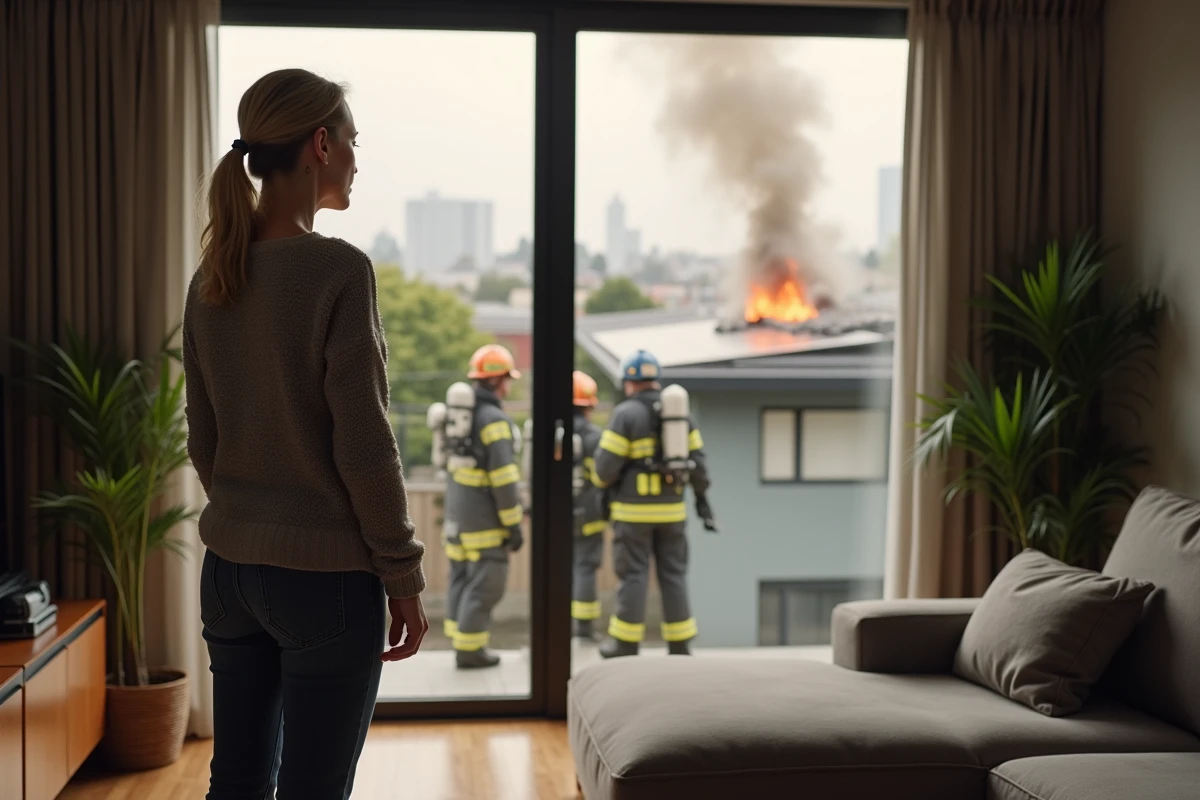 Femme regardant les pompiers sur le toit solaire en intérieur